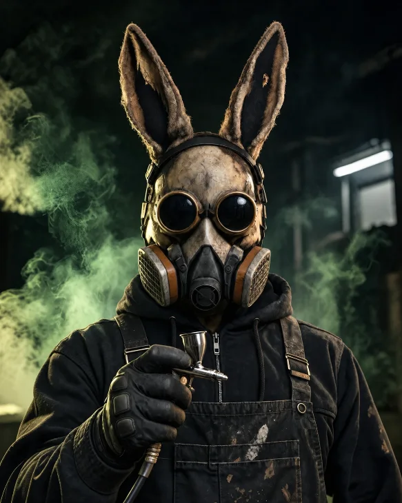 O mascote Darko, um coelho de máscara de gás e óculos, segurando um aerógrafo em meio à fumaça verde