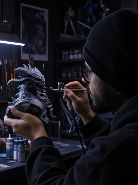 Pintor aplicando aerógrafo em um busto de criatura